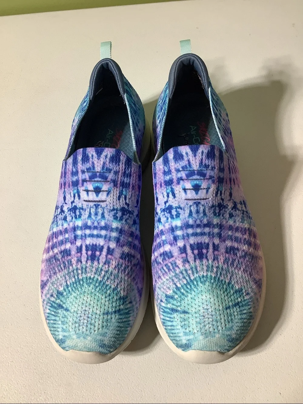 Skechers tie dyed air-cooled memory foam slip ons, size 10